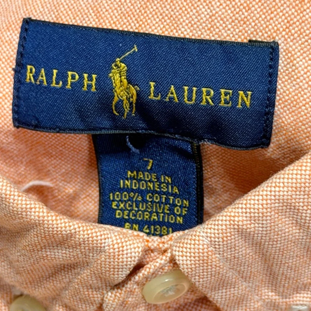 Ralph Lauren Button Down Shirt‎ Kids Size 7 Orange Short Sleeve Oxford Cotton